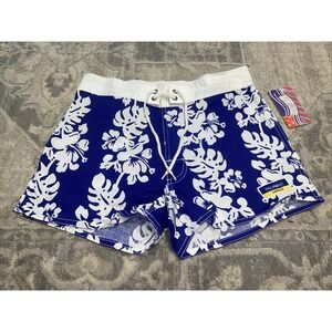 New Palmwave Hawaii Womens Blue White Tropical Board Cotton Shorts Sz Large